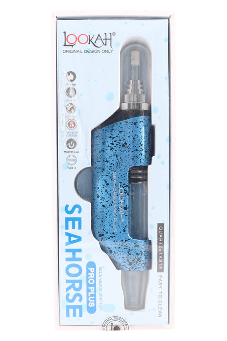 Blue and black Splatter Seahorse Pro Plus dab pen boxed upright, showing glass tube mouthpiece and magnetic cap badge.