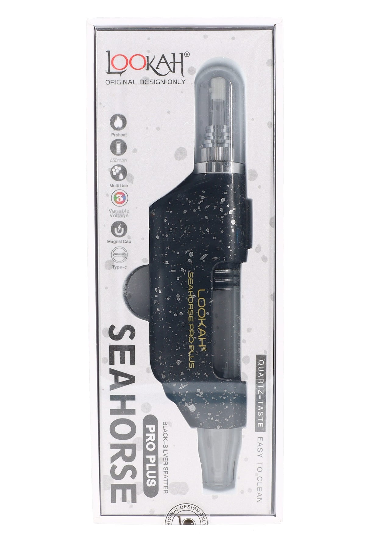 Black and silver Splatter Seahorse Pro Plus wax dab pen in retail box, see-through quartz tip and 650mAh icon visible.