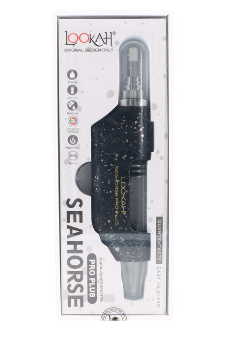 Black and silver Splatter Seahorse Pro Plus wax dab pen in retail box, see-through quartz tip and 650mAh icon visible.