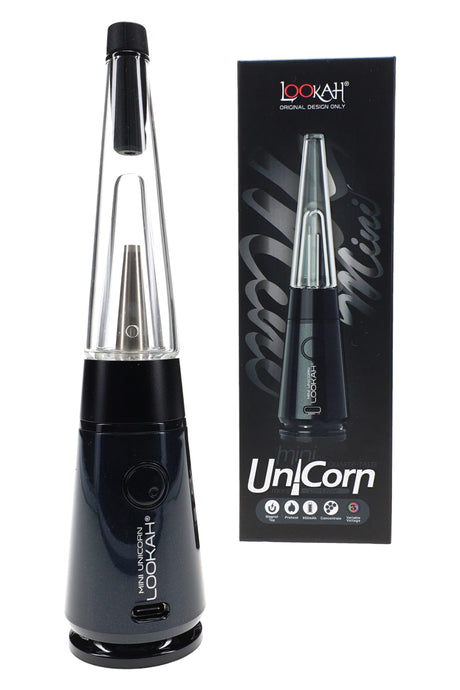 Black Lookah Mini Unicorn electric dab rig with tall glass bubbler and matching box, cone body showing power button and USB-C port.