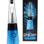 Blue Lookah Mini Unicorn electric dab rig with quartz dish and glass bubbler, shown next to branded box highlighting voltage icons.
