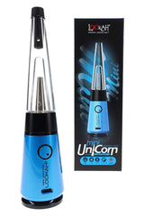 Blue Lookah Mini Unicorn electric dab rig with quartz dish and glass bubbler, shown next to branded box highlighting voltage icons.