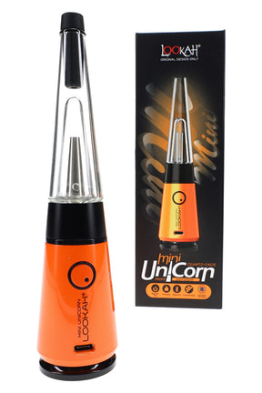 Orange Lookah Mini Unicorn electric dab rig standing in front of matching box art, slim cone base with control button and USB-C port.