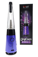 Purple Lookah Mini Unicorn e-rig with glass water bubbler and single-button control, shown with box featuring purple gradient artwork.