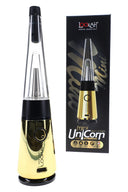 Royal gold Lookah Mini Unicorn portable electric dab rig in front of box, reflective base, single button and USB-C charging port shown.