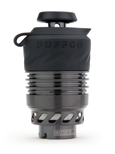 Close up of Puffco Peak Pro limited edition black 3D XL chamber showing ribbed metal housing, silicone top and 3DXL logo on base