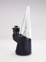Black Puffco Peak Pro vaporizer fitted with limited edition black 3D XL chamber and clear glass cone attachment on white background