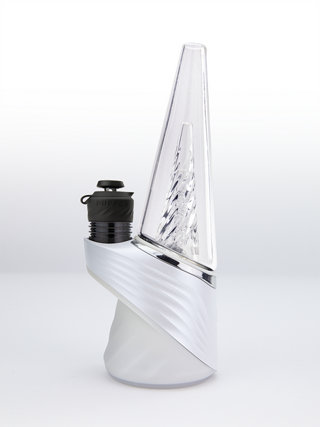 White Puffco Peak Pro device with clear glass cone and matching black 3D XL chamber installed on the side