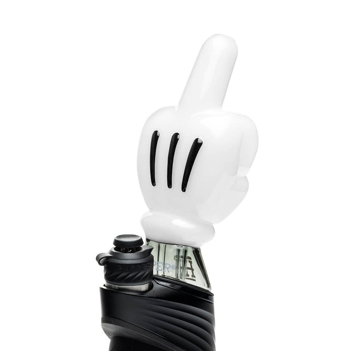 High Jinx Puffco Peak top installed on device, angled view showing cartoon hand shape and tall mouthpiece profile