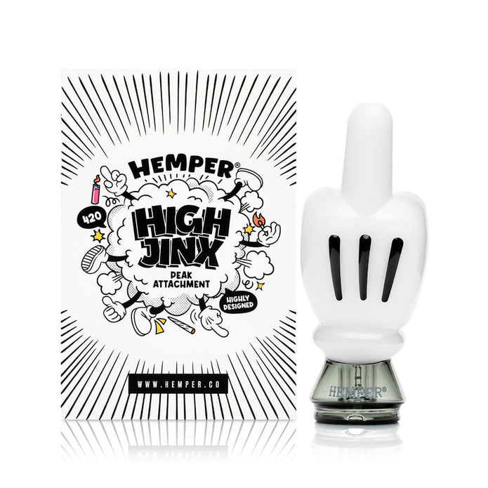 Boxed High Jinx Peak attachment beside glass top on white background, gift-ready Puffco Peak accessory presentation