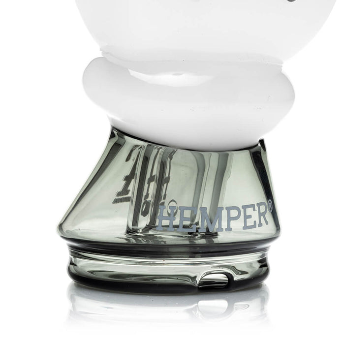 Close-up of smoked base on Hemper Peak glass top with logo detail, smooth-fit borosilicate accessory component