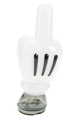 Front view of High Jinx Puffco Peak glass top, white cartoon hand silhouette and smoked base, borosilicate build