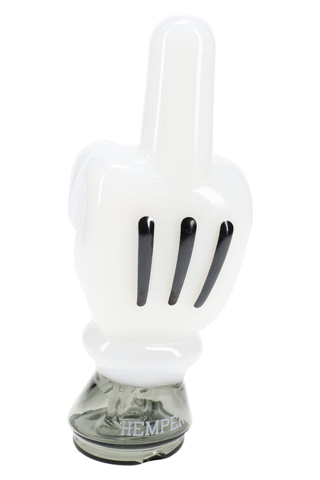 Front view of High Jinx Puffco Peak glass top, white cartoon hand silhouette and smoked base, borosilicate build