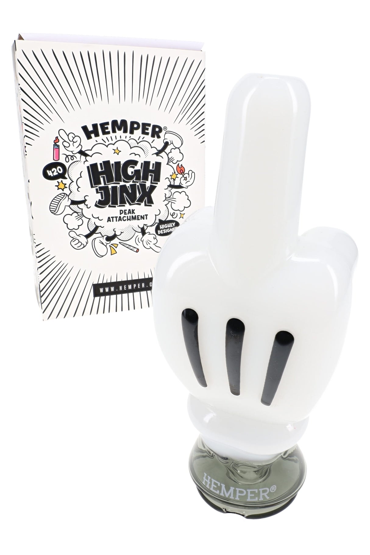 Hemper High Jinx Puffco Peak glass top with retail box, white cartoon hand design with black finger accents