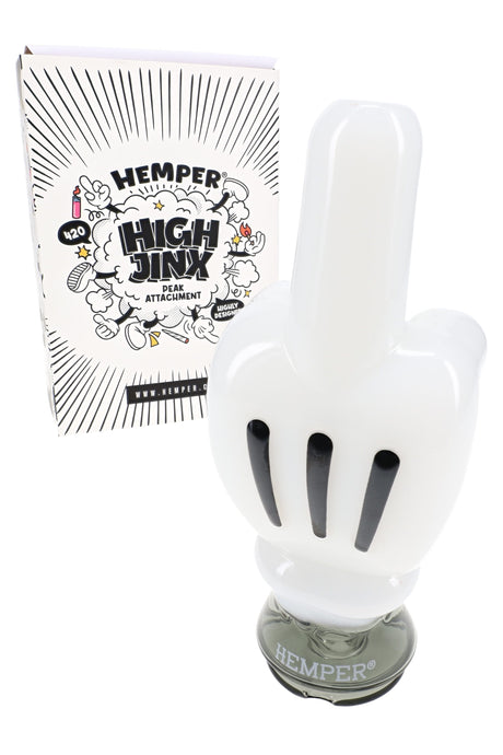 Hemper High Jinx Puffco Peak glass top with retail box, white cartoon hand design with black finger accents
