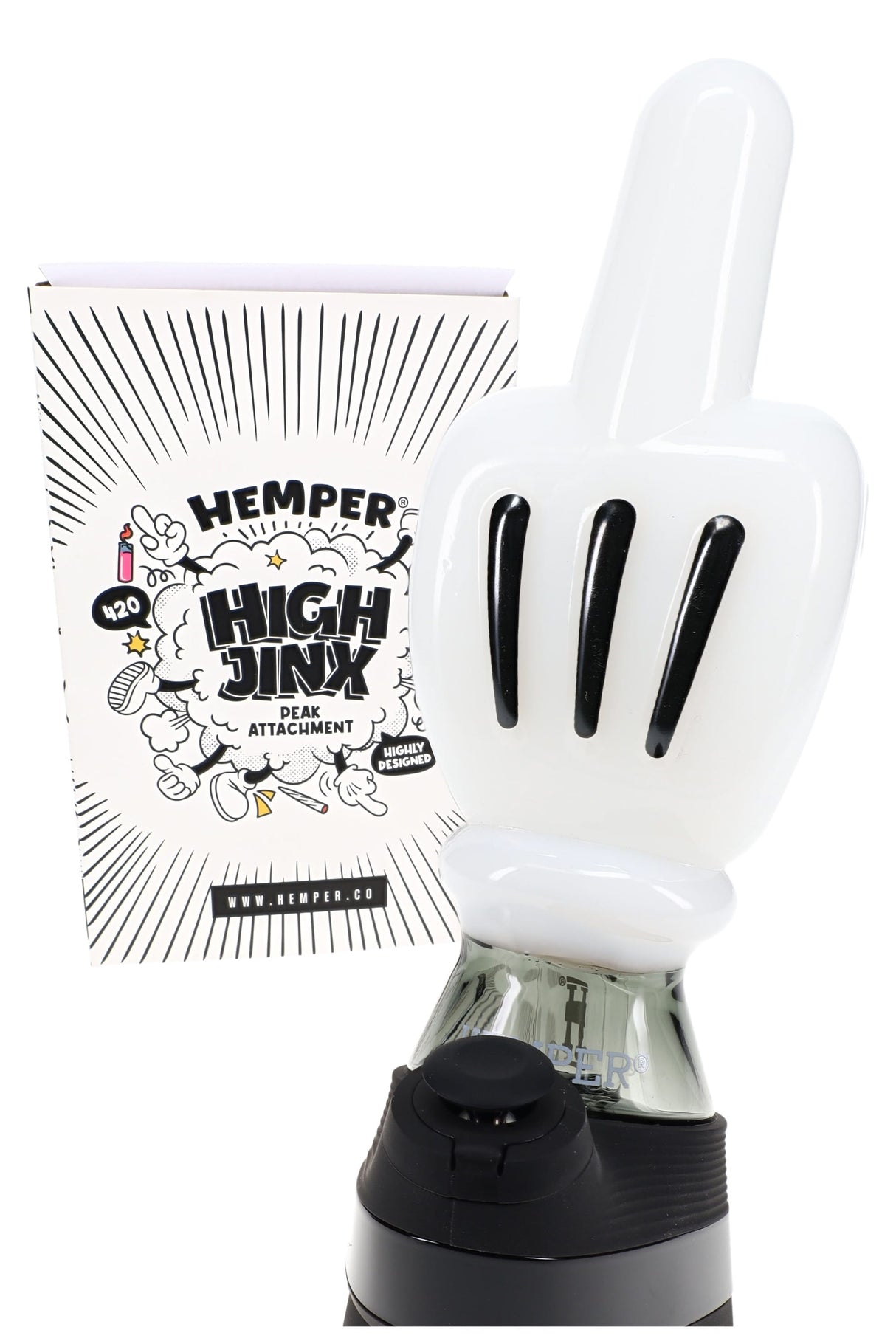 Hemper “High Jinx” Peak attachment shown with retail box, white glove topper and black accent stripes