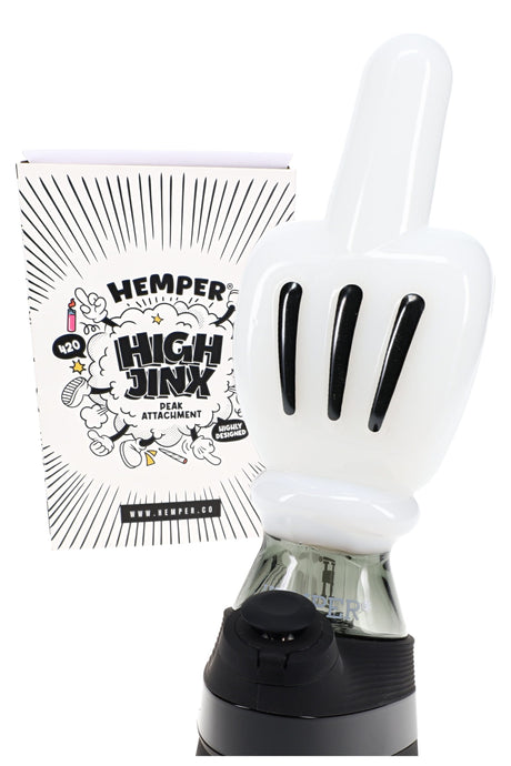 Hemper “High Jinx” Peak attachment shown with retail box, white glove topper and black accent stripes