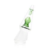 Side profile of That 70’s Peak glass top showing tall mouthpiece and lava-lamp silhouette, colored inner chamber visible