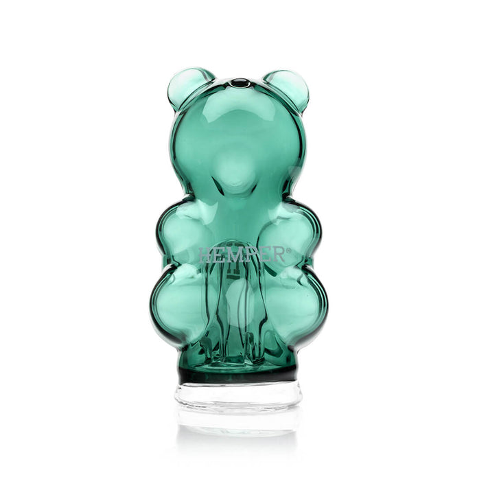 Side profile of gummy bear Puffco Peak glass top highlighting bear silhouette and tall mouthpiece for easy draw