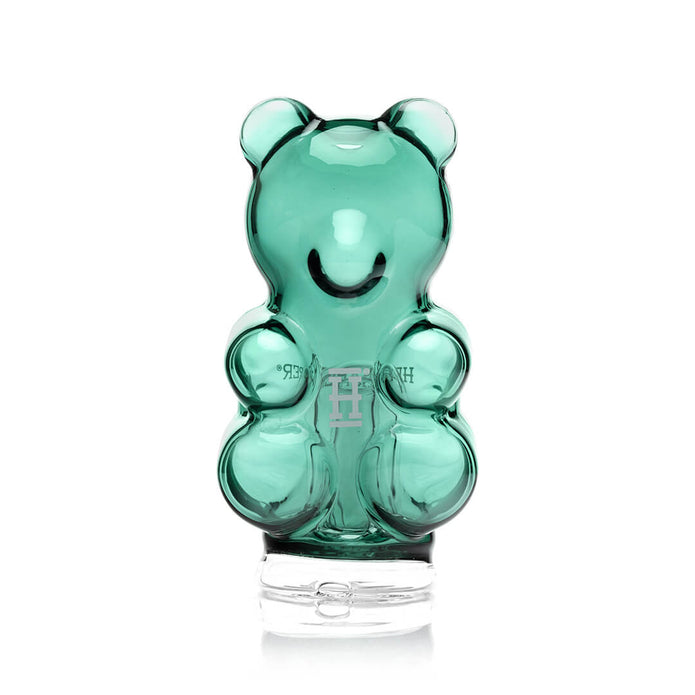 Front view of gummy bear Peak glass top showing sculpted bear body and tall mouthpiece, Puffco Peak attachment