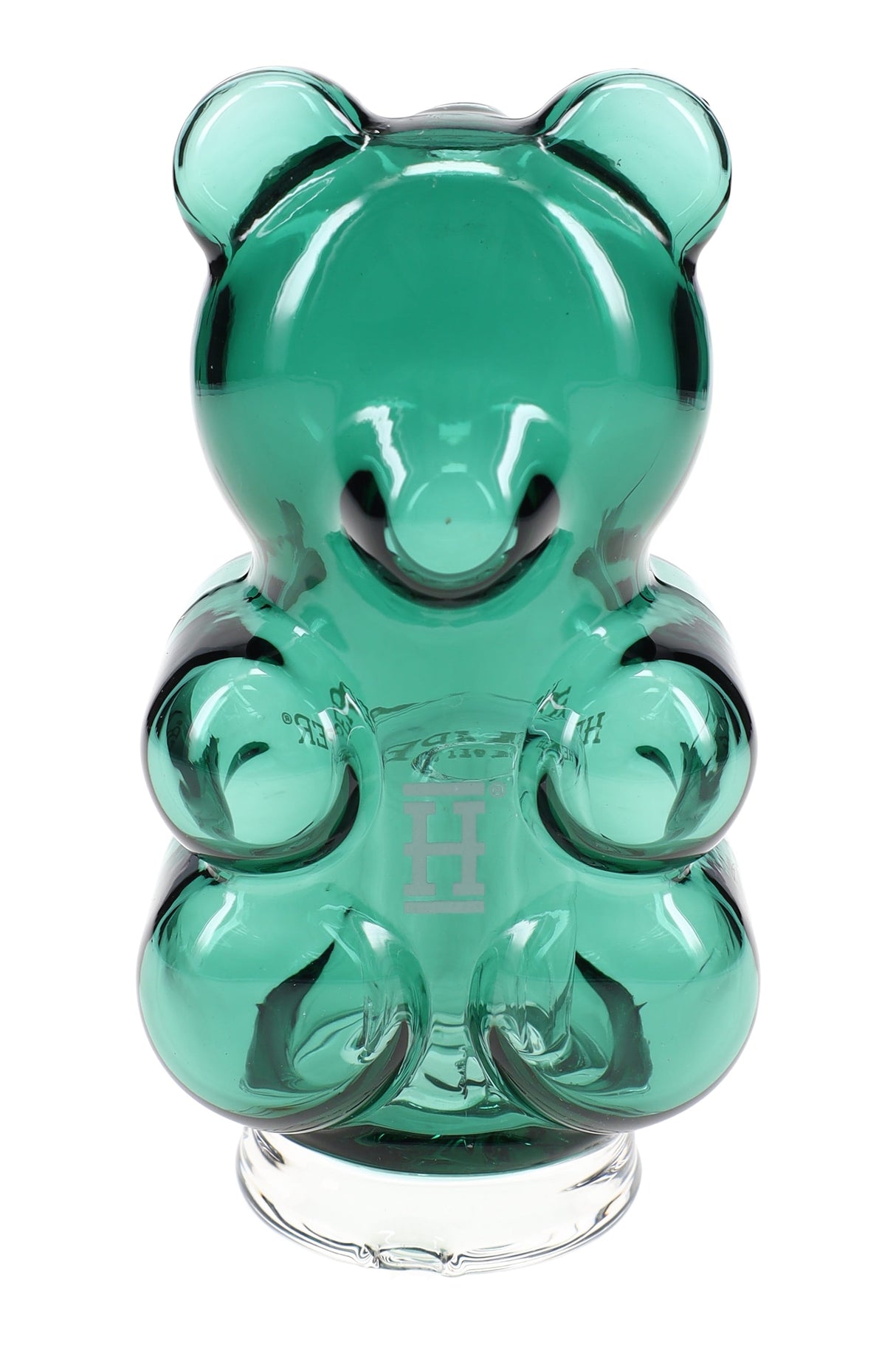 Front view of gummy bear Peak glass top showing sculpted bear body and tall mouthpiece, Puffco Peak attachment