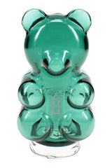 Front view of gummy bear Peak glass top showing sculpted bear body and tall mouthpiece, Puffco Peak attachment