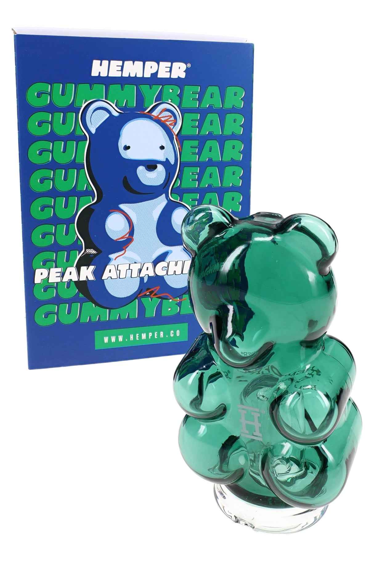 Hemper Gummy Bear Puffco Peak glass top with retail box, candy-bear design in borosilicate glass accessory form