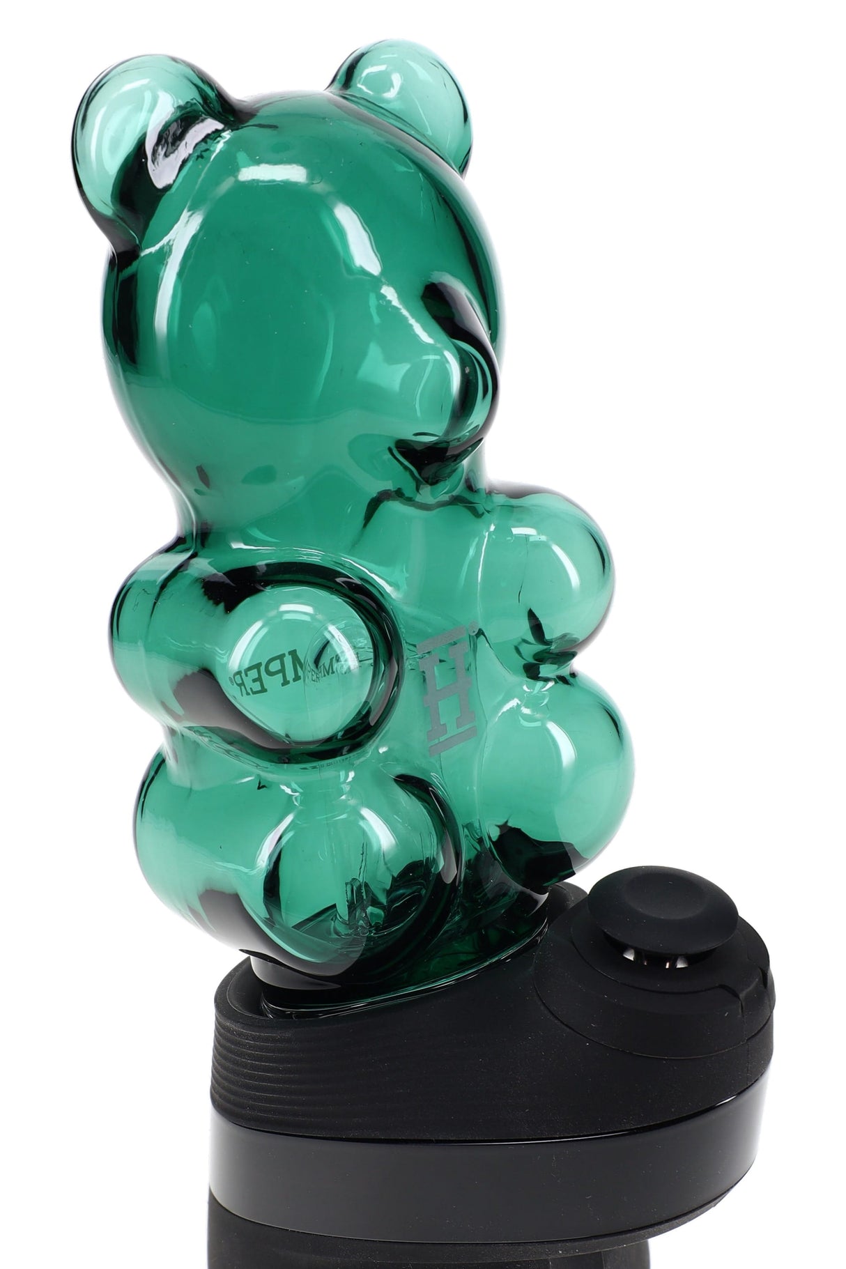 Hemper Peak attachment featuring translucent green gummy bear glass topper on black-and-white base