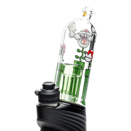 Hemper Gaming Flower Peak glass top shown installed on device, angled view emphasizing character topper and mouthpiece height
