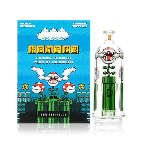 Boxed Hemper gaming flower Peak top beside glass piece on white background, gift-ready retro accessory upgrade
