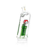 Side profile of Gaming Flower Puffco Peak glass top highlighting character head and tall mouthpiece for smooth draw