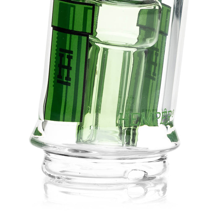 Close-up of gaming flower glass detailing on Peak top base and mouthpiece, smooth-fit borosilicate construction