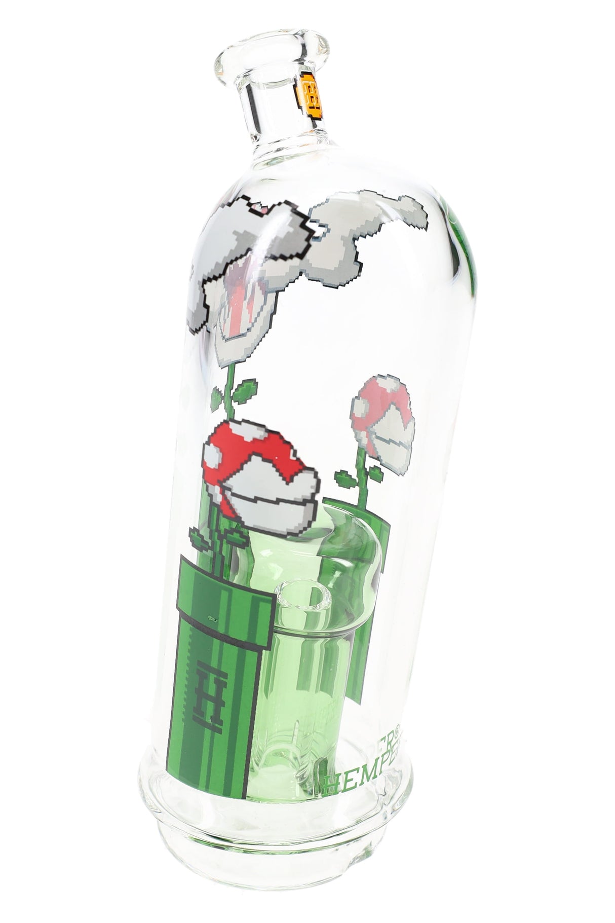 Front view of gaming flower Peak glass top showing sculpted character topper and tall mouthpiece, Puffco Peak attachment