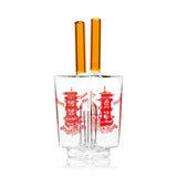 Front view of Chinese takeout Peak glass top showing takeout-box base and tall mouthpiece, borosilicate attachment