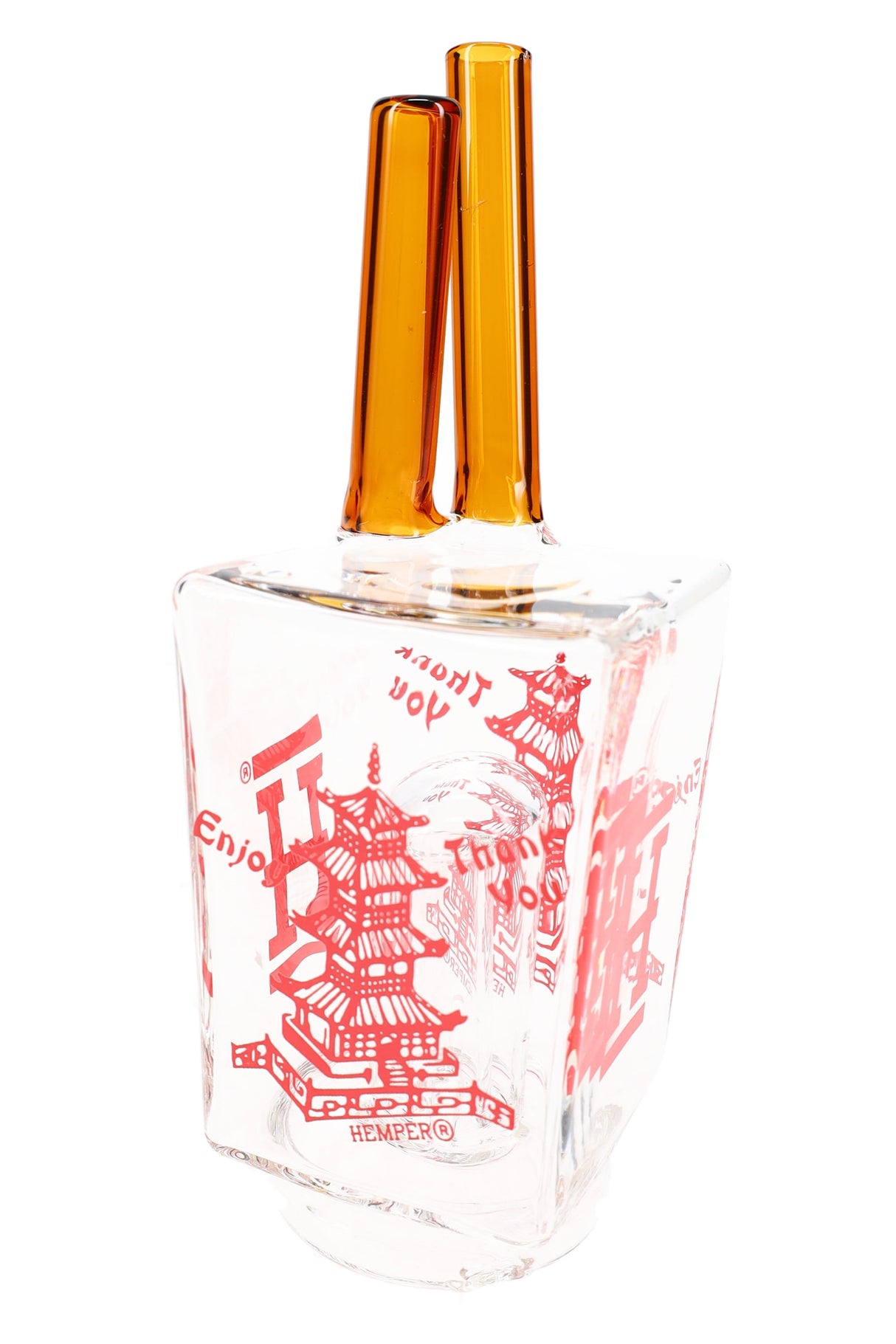 Front view of Chinese takeout Peak glass top showing takeout-box base and tall mouthpiece, borosilicate attachment