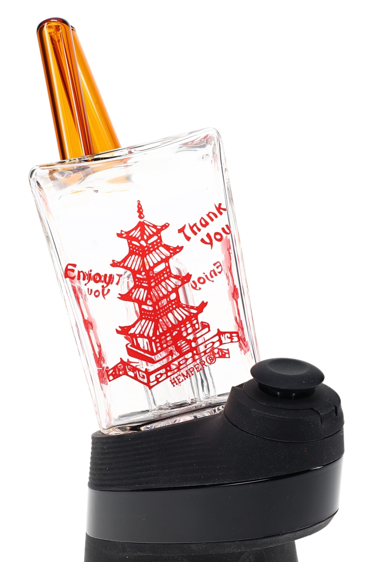 Hemper Peak attachment with clear square chamber, red pagoda artwork, and two amber straw mouthpieces