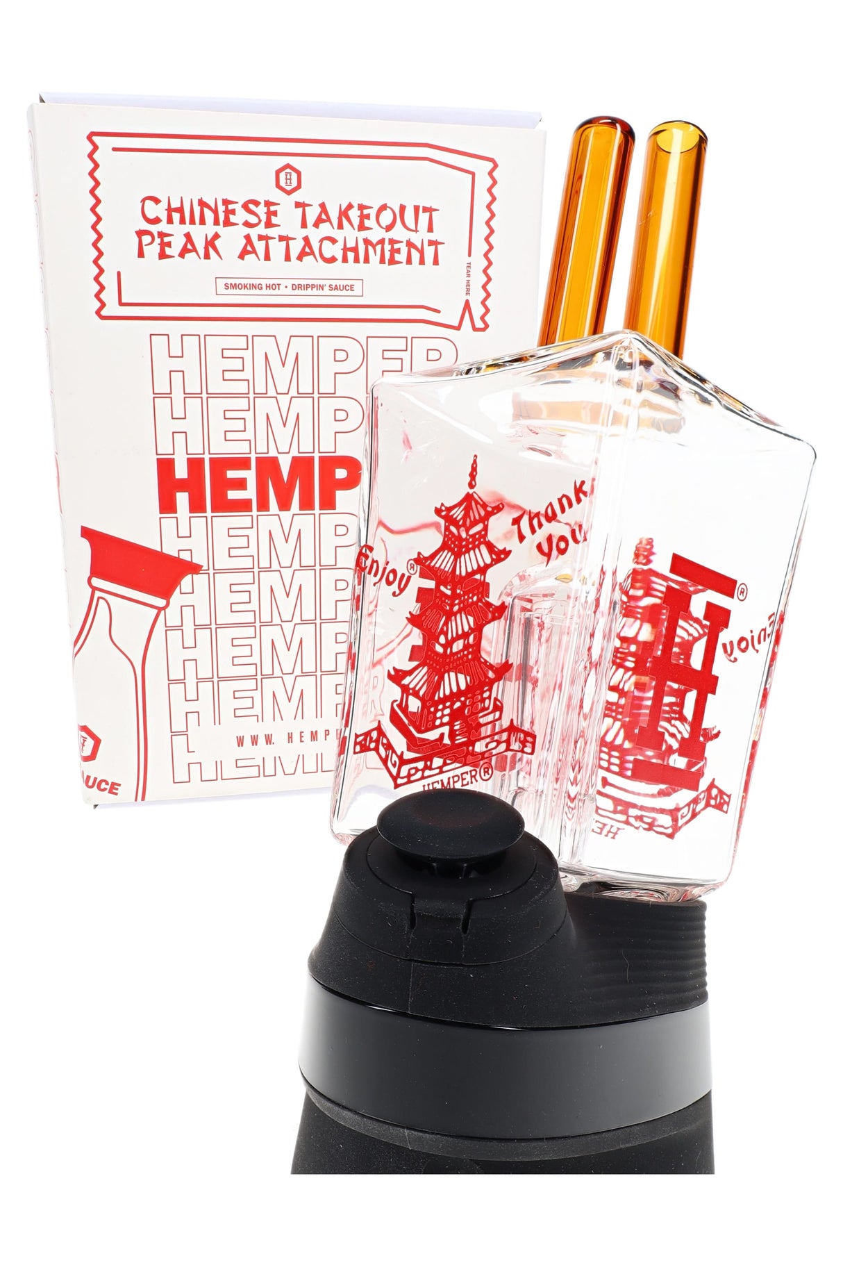 Hemper “Chinese Takeout” Peak attachment with red pagoda print, amber straws, shown with retail box
