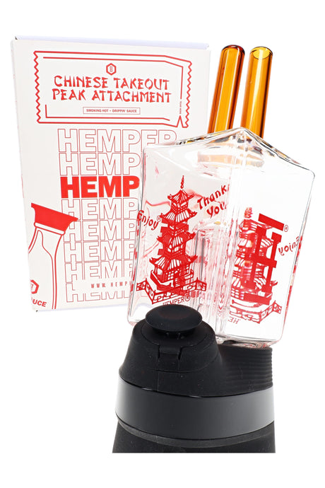Hemper “Chinese Takeout” Peak attachment with red pagoda print, amber straws, shown with retail box