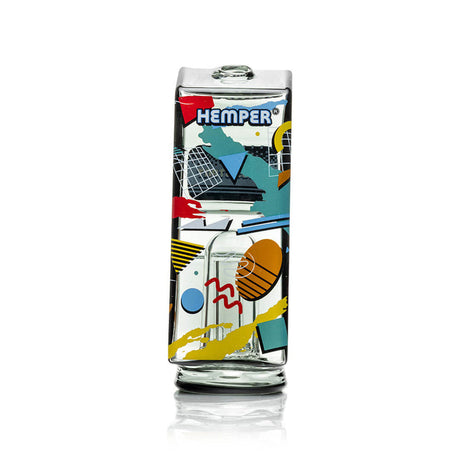 Arcade cabinet Puffco Peak glass top close-up with “HEMPER” panel and Memphis detail on smoked glass
