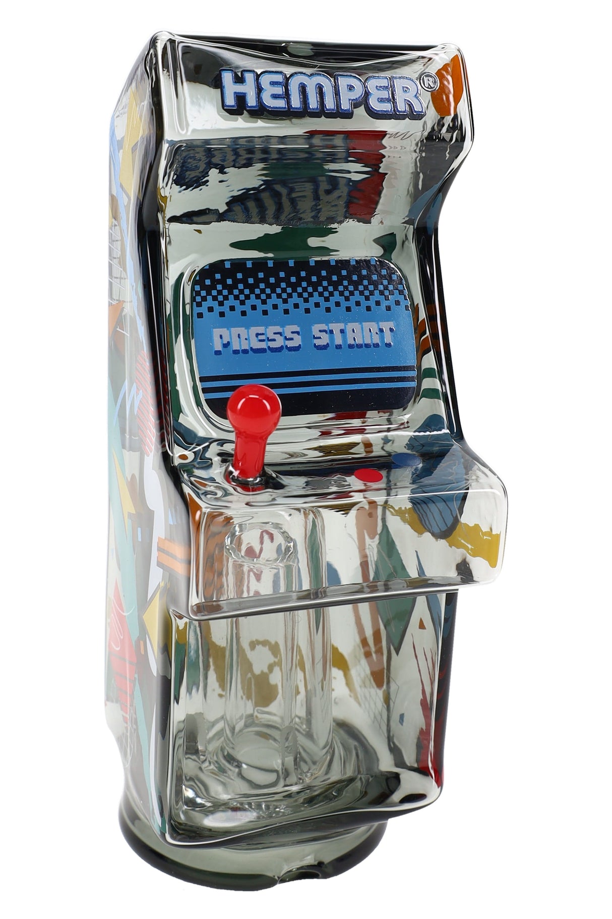 Arcade cabinet Puffco Peak glass top close-up with “PRESS START” panel and red joystick detail on smoked glass