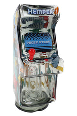 Arcade cabinet Puffco Peak glass top close-up with “PRESS START” panel and red joystick detail on smoked glass