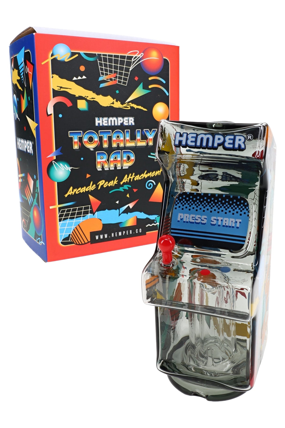 Hemper Totally Rad Arcade Puffco Peak glass top with branded box, smoked glass cabinet design for display