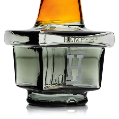 Close-up of smoked square base on Zen Bonsai Peak top showing Hemper logo and inner glass connection detail