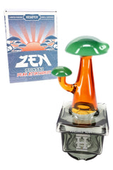 Front view of Zen Bonsai Puffco Peak top showing green canopy, amber stem, and smoked square base silhouette