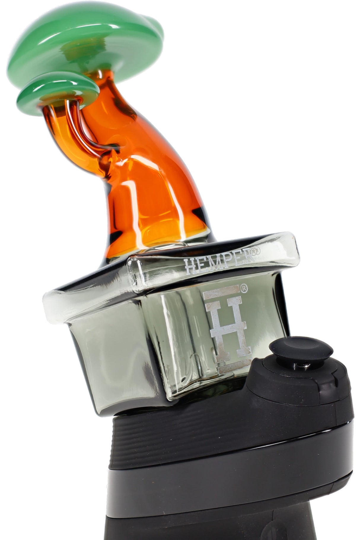 Angled close-up of Zen Bonsai Peak glass top on device, smoked base with Hemper logo and amber stem detail