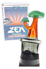 Hemper Zen Bonsai Puffco Peak top on device with boxed packaging, green canopy and amber stem over smoked base