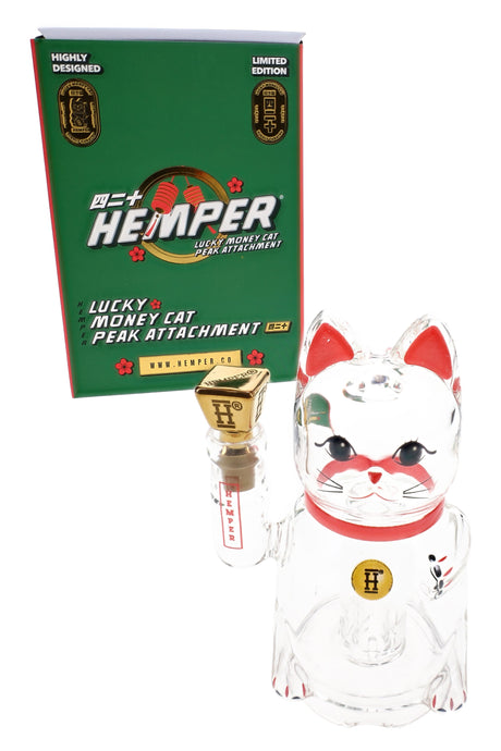 Front view Lucky Money Cat Puffco Peak top showing red ears and collar details with gold brick-style mouthpiece