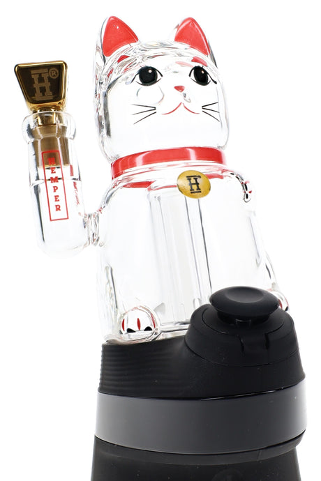 Close-up Lucky Money Cat Peak top on device base, clear glass cat with red accents and gold mouthpiece detail