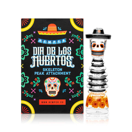 Hemper Día de los Muertos Peak top with box artwork visible, themed glass attachment for Peak and Peak Pro