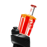 Side angle Popcorn Peak top mounted on device showing red mouthpiece, bucket decals, and compact 4.7″ height